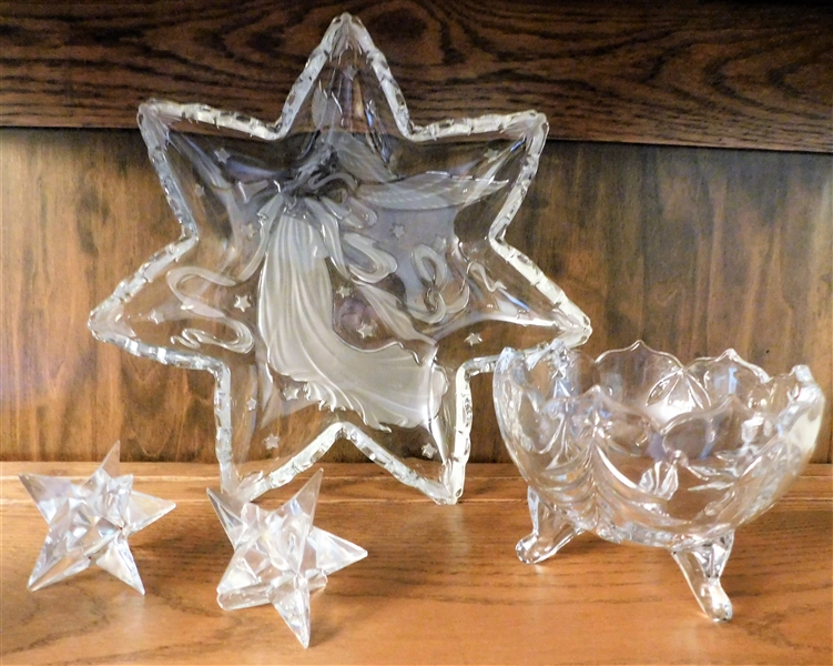 Lot of Christmas Crystal including 12" Star Plate, 6" Christmas Tree Footed Bowl, and 2 Star Candle Holders - 1 is Chipped