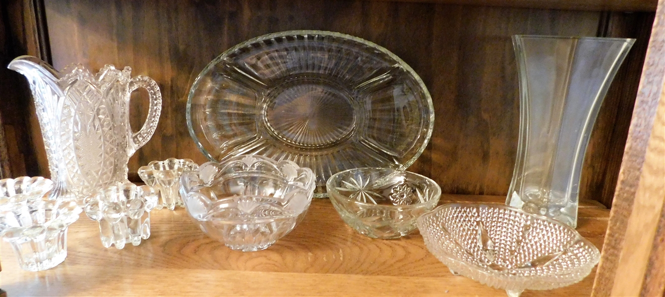 Lot of Glassware including Lee Catalog Pitcher, Oval Divided Platter, Candle Holders, Shell Bowl