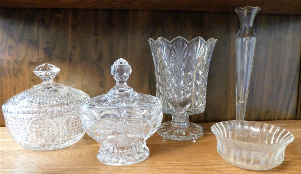 Lot of Glassware including Candy Dishes, Vase, and Low Bowl