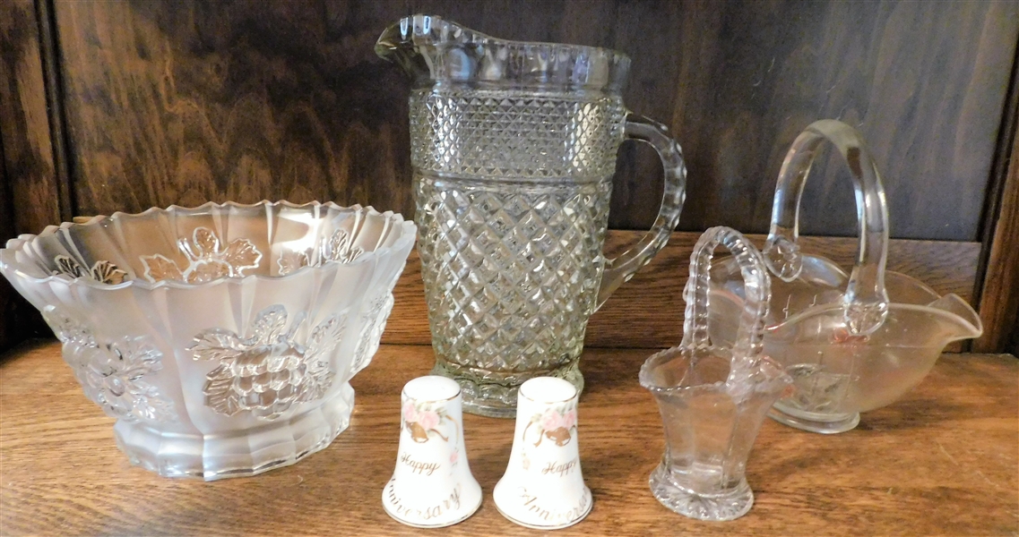 Lot of Glass and China Items including Glass Basket, Grape Bowl, Wexford Pitcher, and Salt and Pepper Shakers.