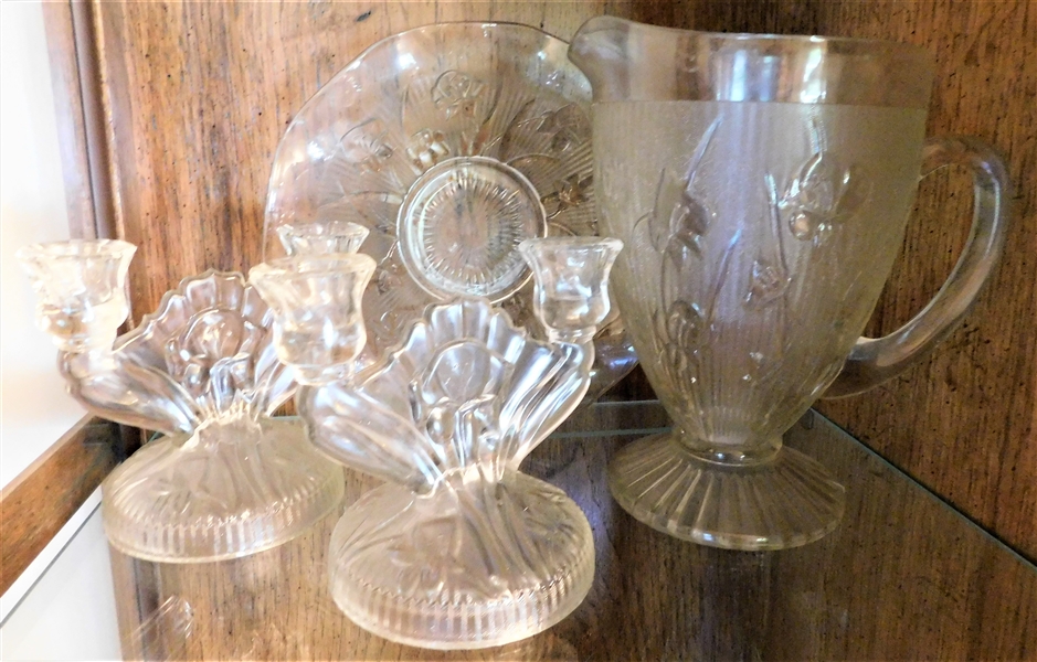 Iris and Herringbone Glass Pitcher, Bowl, and Candlesticks 