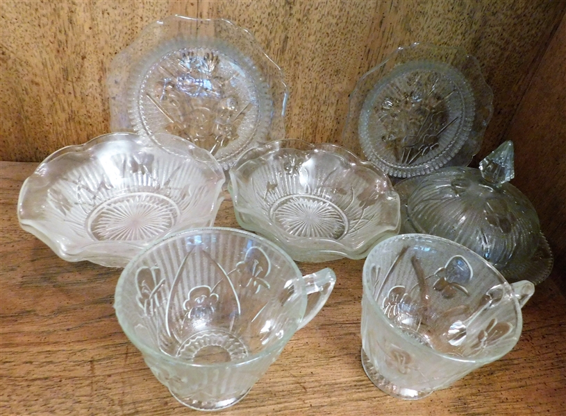 Lot of Iris and Herringbone Glass  including 4 5 1/8" bowls, Cream and Sugar, Covered Butter Dish - and 1  5 5/8" Dish