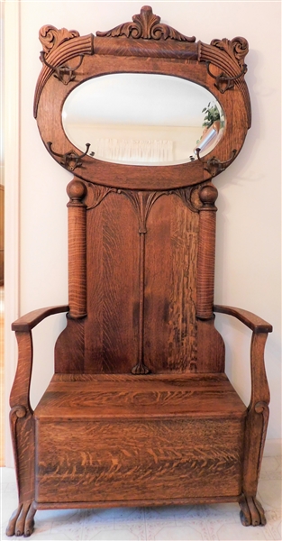 Outstanding Tiger  Oak Hall Tree with Lift Top Seat, Carved Feet, Original Hooks - 76" tall 36" by 16"