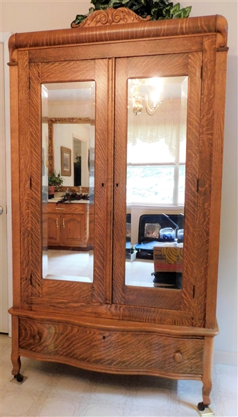 Nice Tiger Oak Wardrobe with Beveled Mirror Doors - Shelves and hanging Rack Inside - Drawer at Bottom - 79" 43 1/2" by 17 1/2"