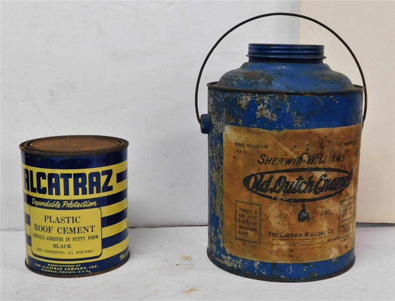 Sherwin Williams. "Old Dutch Enamel Paint Can" and Full Alcatraz Plastic Roof Cement Can