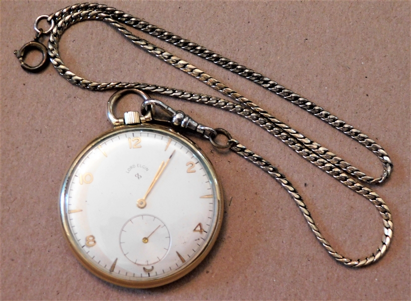 Lord Elgin 21 Jewels Pocket Watch in 14kt Gold Filled Case - Running - With Watch Chain 