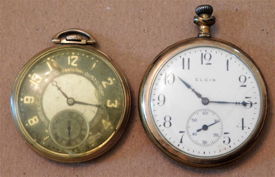 Hamilton 17 Jewels Pocket Watch - in Rolled Gold Case - Crystal is Not Attached and Elgin 15 Jewels Pocket Watch - Back of Case is Discolored - Runs Briefly  