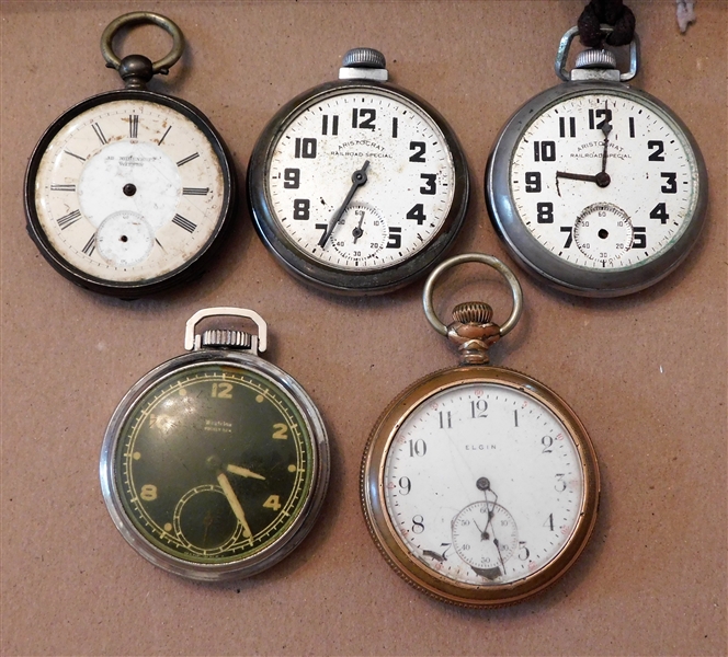 5 Pocket Watches for Parts and Repair - Not Running - 3 are Missing Crystals - Elgin, Westclock, Aristocrat, and Other