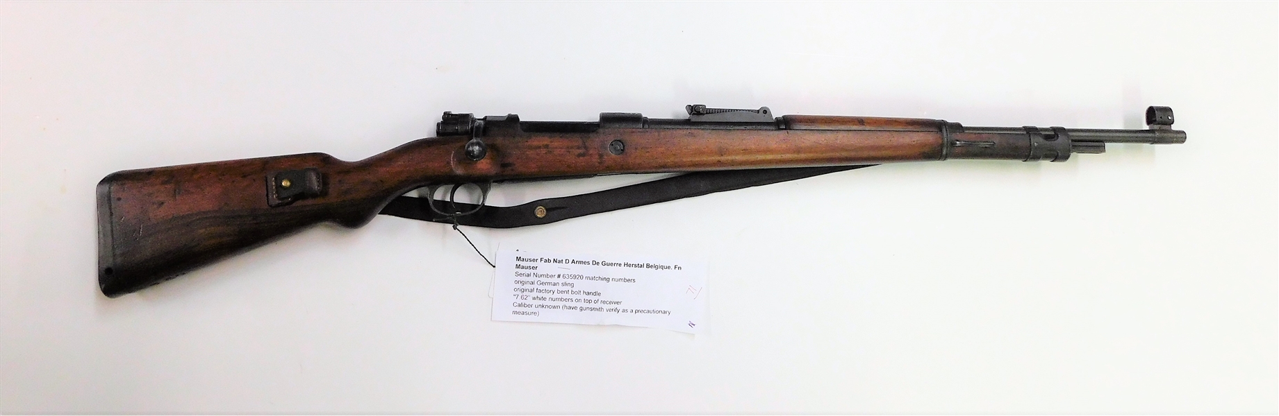 Mauser Fab Nat D Armed De Guerre Herstal Belgique Mauser Rifle 7.62 - Original German Sling and Factory Bent Bolt