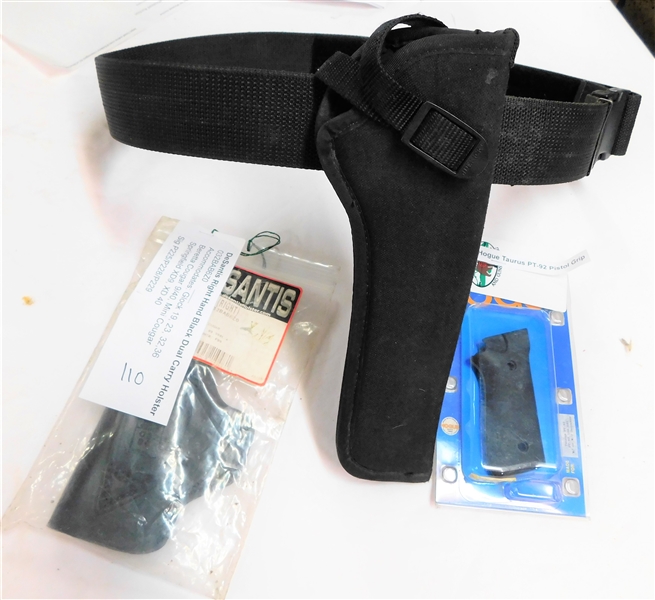 New Uncle Mike Sidekick Black Holster Size 4 with Black Medium Belt, Hogue Taurus PT-92 Pistol Grip, and DeSantis Right Hand Black Dual Carry Holster