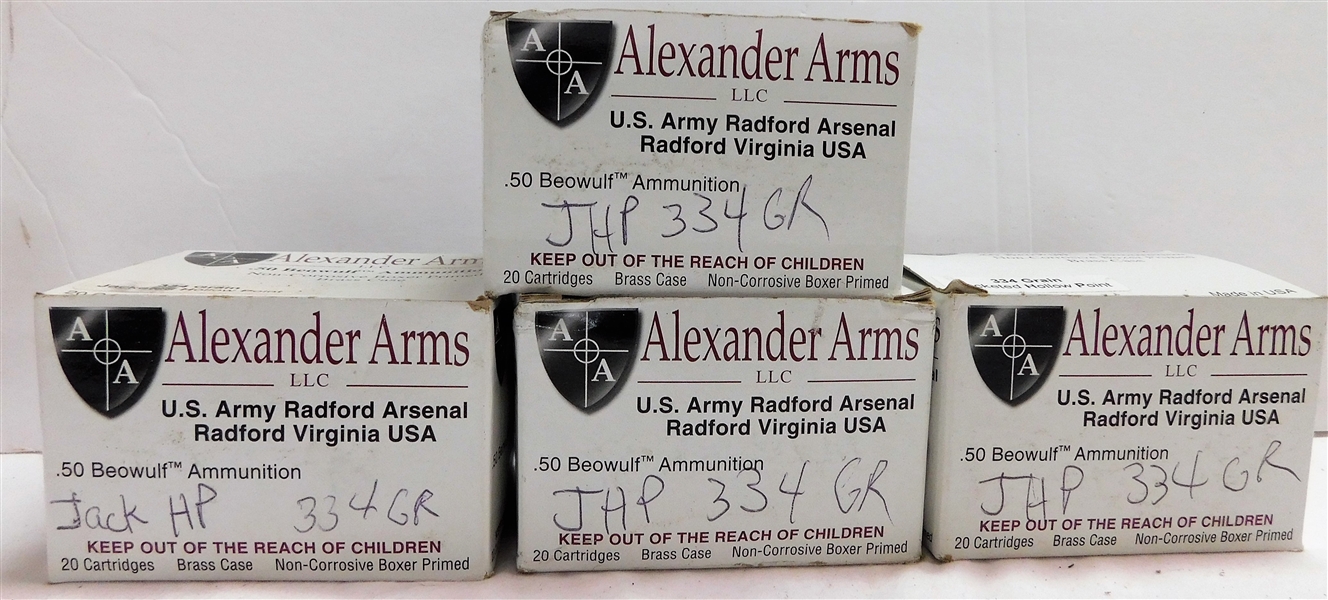 4 Full Boxes .50 Beowulf 334 Grain Jacketed Hollow Point Bullets