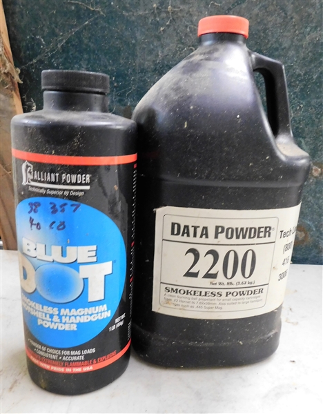 Full 8lb Jug of Data Powder 2200 Smokeless Powder and Full Canister of Blue Dot Smokeless Powder