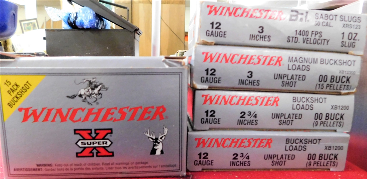 3 New 5 Count  Boxes of 12 Gauge Shells, 1 Box of 4 and Half Full 15 Pack Box of 12 Gauge Buckshot