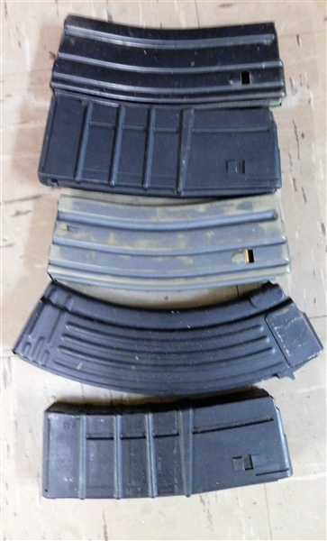 5 Rifle Magazines including 2 Thermold Plastic, 1 with 223 Bullets, 2 Metal 1 with 5.56mm Bullets, and Other Larger Metal 
