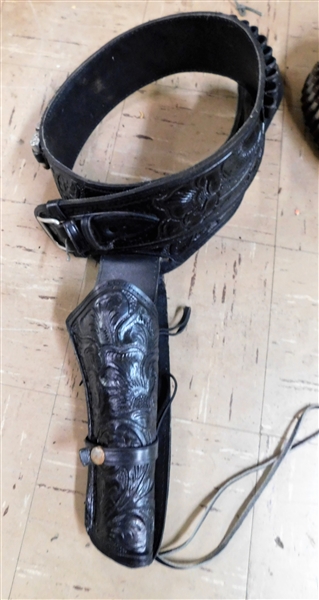 Black Tooled Leather .44 Rem Mag Gun Belt with Holster and Some Bullets - Belt Size 44