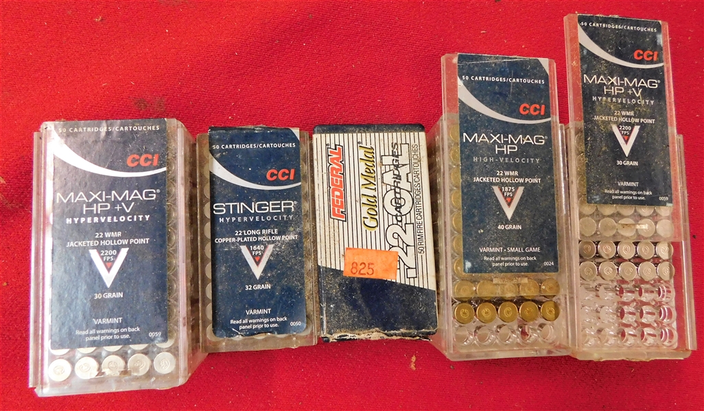 3 Full 50 Round Boxes and 2 Partial Boxes of .22 Cal Bullets - Including .22 Mag, .22 Varmint, and .22 Maxi - Mag