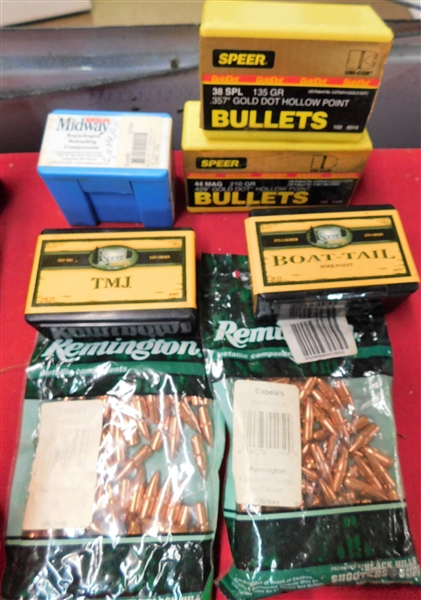 7 Packages of Bullet Tips for Reloading including New 6.8mm Remington, Speer Boat Tail Soft Point, .357 Gold Dot Hollow Point, and .355