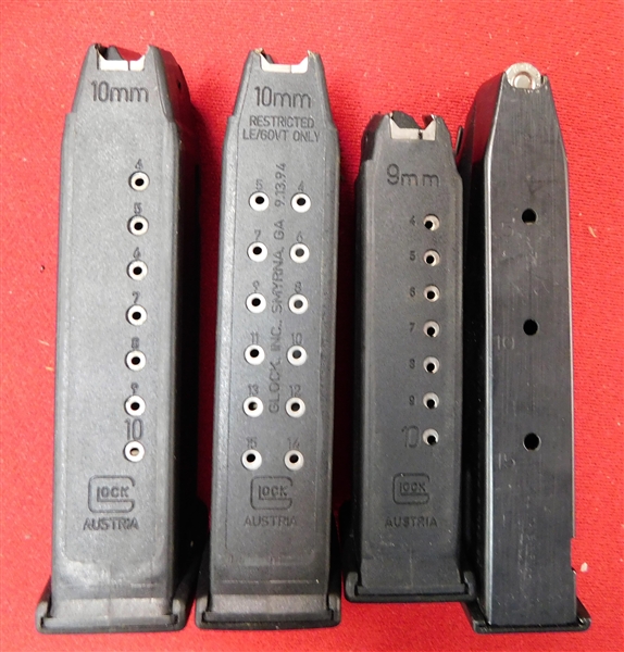 2 Glock 10 mm Clips - 10 round and 14 Round, 1 Glock 9mm 10 Round, and Other PB Cal 9 loaded with 9 mm Luger