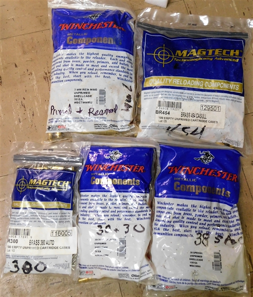 5 New Bags of 100 Empty Brass Cartridges - 380 Auto, .30-.30, .38 Special, 7mm, and 454 Casull