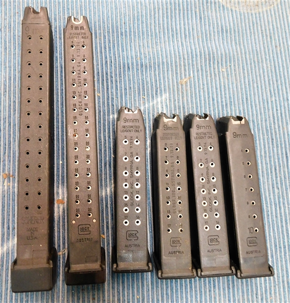 6 Magazines 5 Glock - 3 9mm 16 Round, 1 9mm 30 Round, and 1 9mm 10 Round, and  1 Scherer 9mm 30 Round