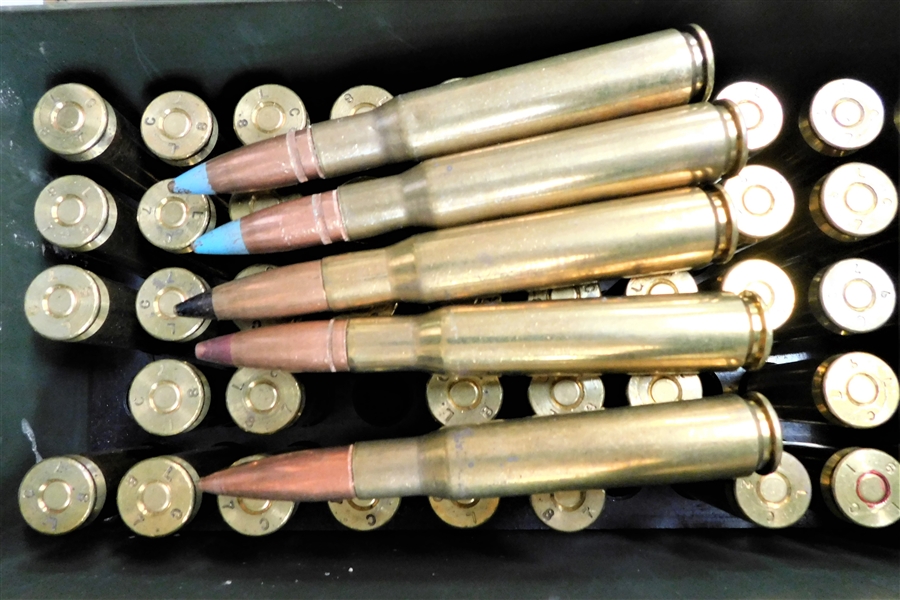 50 Rounds of .50 Caliber BMG Ammunition in Military Can - 29 Light Blue M1, 4 Orange MIO Tracers, 1 Aluminum M8, 
