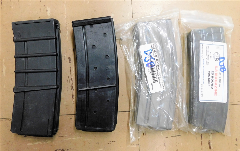 4 Magazines Including Mag AR - 15 .223 Teflon Coated, 6.8 25 Round, Orlite Eng. Plastic, and Thermold Plastic