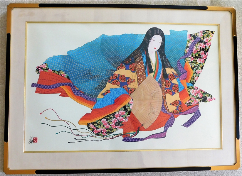 Artist Signed and Numbered Asian Print on Silk - 204/300 - Very Nicely Framed and Silk Matted - Frame Measures - 33 1/2" by 46 1/2"
