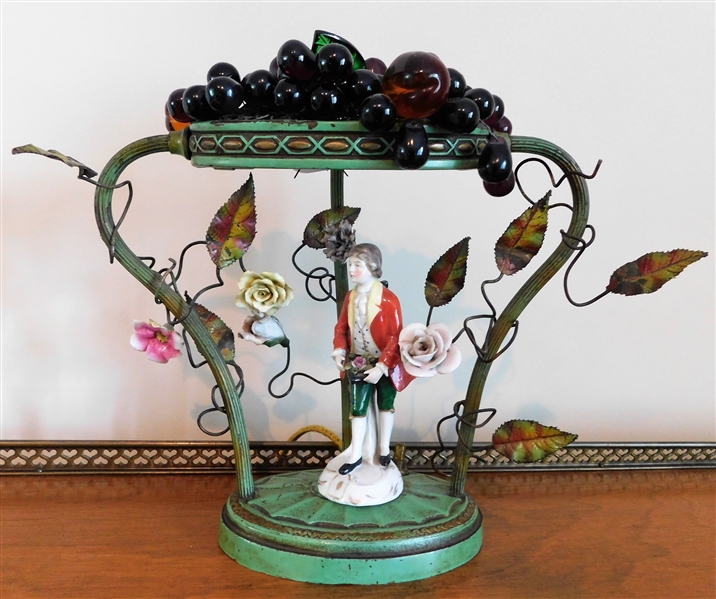 Metal Lamp with Glass Grape Arbor and Porcelain Figure and Flowers - 10" tall 10" wide