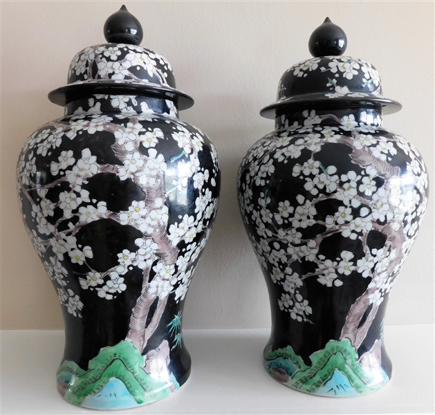 Pair of Beautiful Asian Cherry Blossom Lidded Urns 14 1/2" 