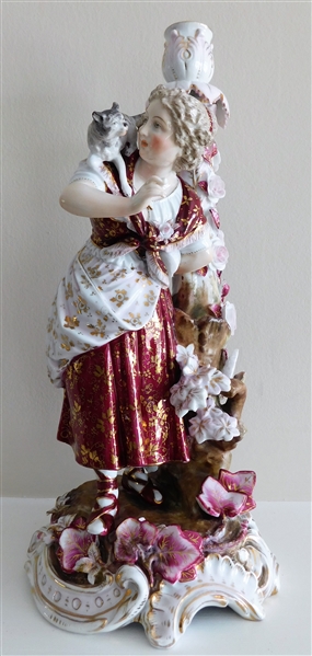 German Porcelain Hand Painted Figural Candlestick with Woman and Cat - 1 Chipped Flower on Back - 13 3/4" tall