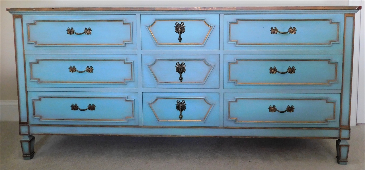Lewis Mittman Inc. New York 9 Drawer Dresser - Blue Painted with Gold Details - Tear Drop Pulls at Center - Some Damage to Trim - See Photo - 33 1/2" tall 72" by 22"