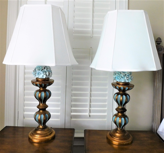 Pair of Beautiful Blue and Gold Table Lamp with Enamel Flowers - Coordinates with Other Bedroom Furniture - 35" tall 