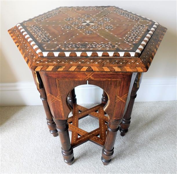 Bone or Ivory Inlaid Octagon Table with Star of David Base - Very Intricate Inlay Pattern on Top and Sides - 20" tall 17" across