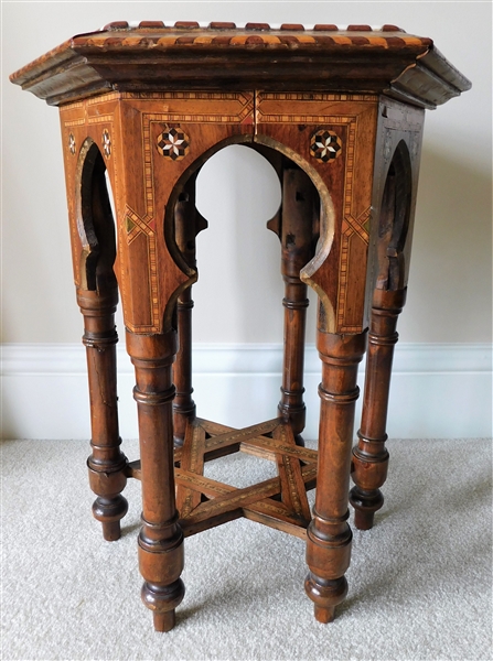 Bone or Ivory Inlaid Octagon Table with Hebrew Inlay and Star of David Base - Some Inlay Missing 20 1/2" tall 17" across - Some of Trim Needs Repair - One Leg has been broken