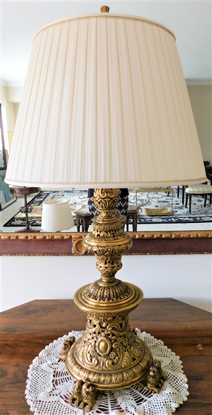 Pierced Brass Table Lamp with Lion Feet - 4 Light - Nice Pleated Shade with Flower Finial -  39" total Height