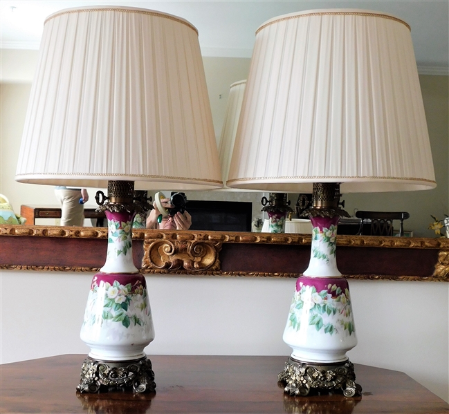 Pair of Hand Painted Porcelain Table Lamps with Brass Bases - 3 Lights - Very Nice Pleated Silk Shades - 27" Total Height