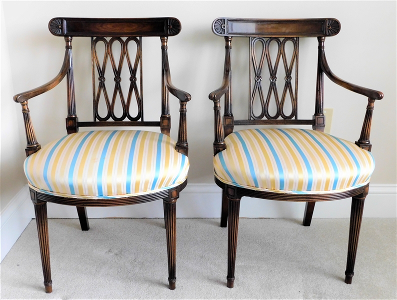 Pair of Carved Wood Upholstered Arm Chairs with Cream, Gold, and Blue Striped Silk Upholstery - 33"  tall 22" by 18 1/2" deep