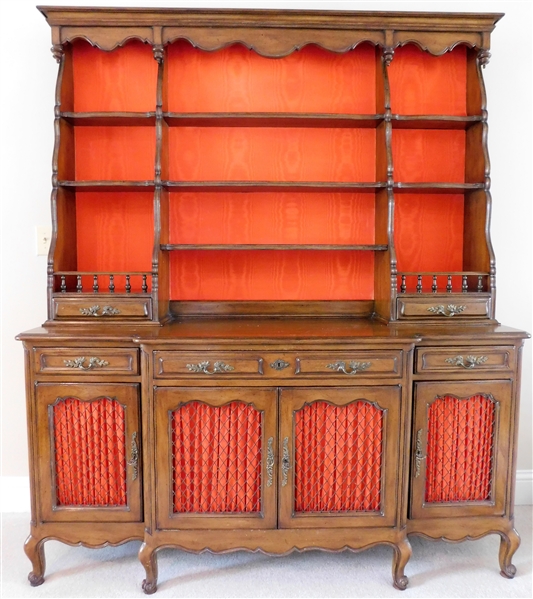 French Provincial Style Hutch with Silver Drawer - Red Silk Lined Back and Doors - Drawers are Dovetailed and Felt Lined - 80 1/2" tall 69" by 18" - 2 Pieces
