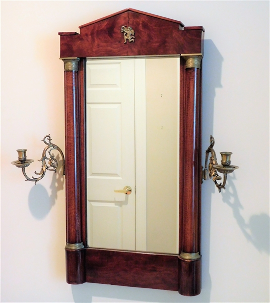 Wood and Brass Mirror with Cherub Detail and Attached Brass Candle Holders - 36" tall 18 1/2" with out Candles
