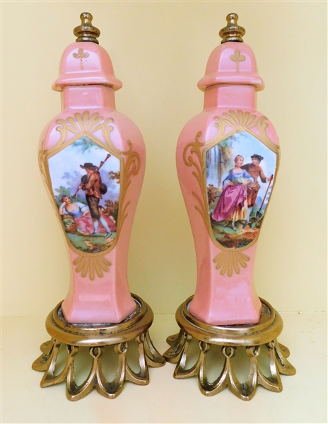 Pair of Artist Signed Hand Painted Made in France Decorative Urns - Tops are Attached - Metal Bases - 1 Base is Damaged - 10" Tall