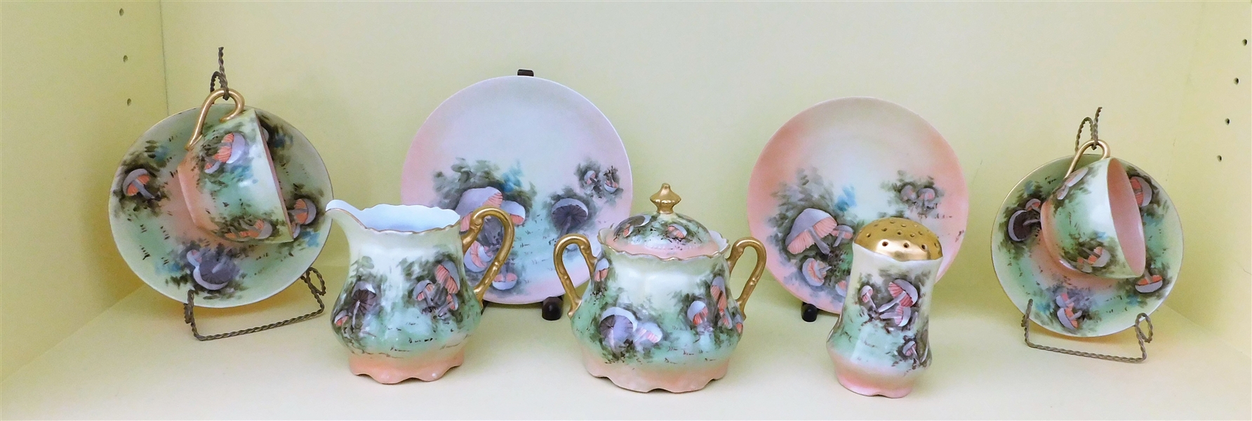9 Piece Artist Signed E.M.Laughlin Hand Painted Set with Mushrooms - 2 Cup, Saucer, and Dessert Plates, Cream & Sugar, and Shaker