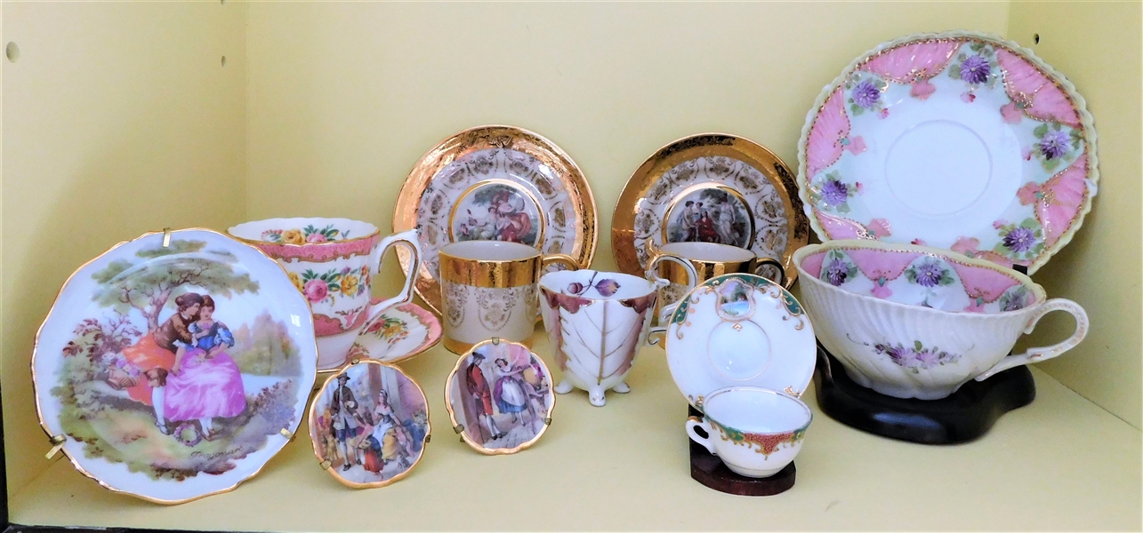 Lot of Hand Painted Porcelain Items including Limoges Courting Scene Plates, Cup and Saucer Sets, Miniature Occupied Japan Cup and Saucer Sets, and Staffordshire Set - Chipped