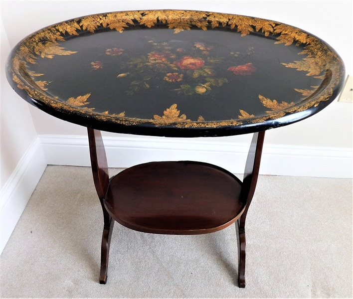 Artist Signed Towle Painted Top Oval Stand with Mahogany Base - Some Damage to Gallery on Bottom Tier and Edges - 28" tall 29" by 24"