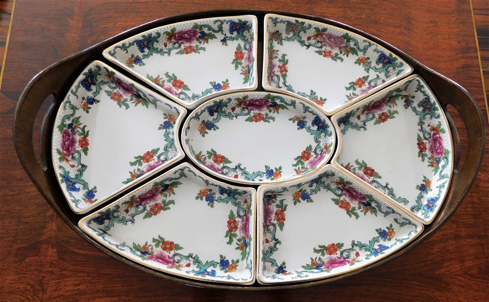 Booths Silicon China "Floradora" Hors Doeuvre Set with Oval Handled  Wood Tray - 16 1/2" by 11 1/2" 