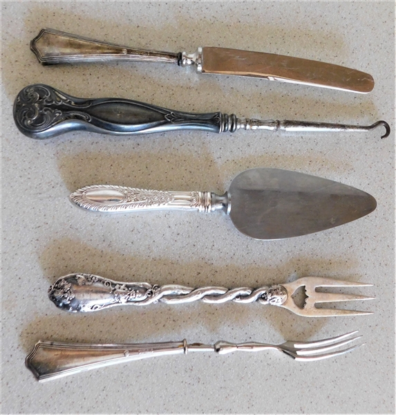 5 Sterling Silver Handled Items including Forks, Cheese Server, Butter Knife, and Button Hook 