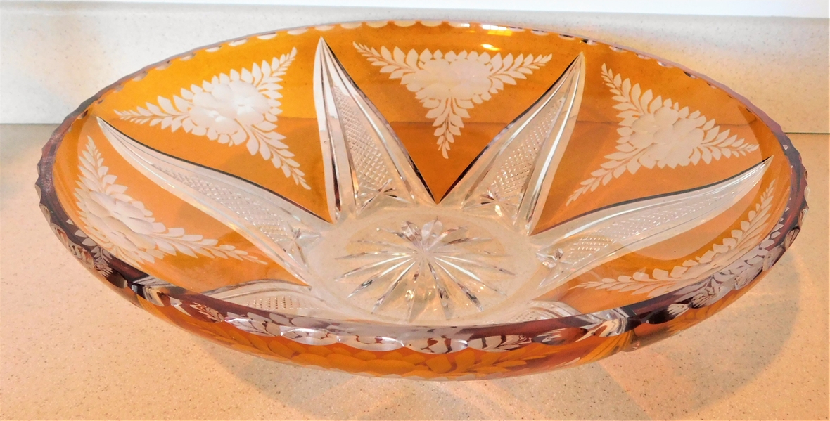 Amber Bohemian Glass Etched Flower Bowl 12" across 3" tall 