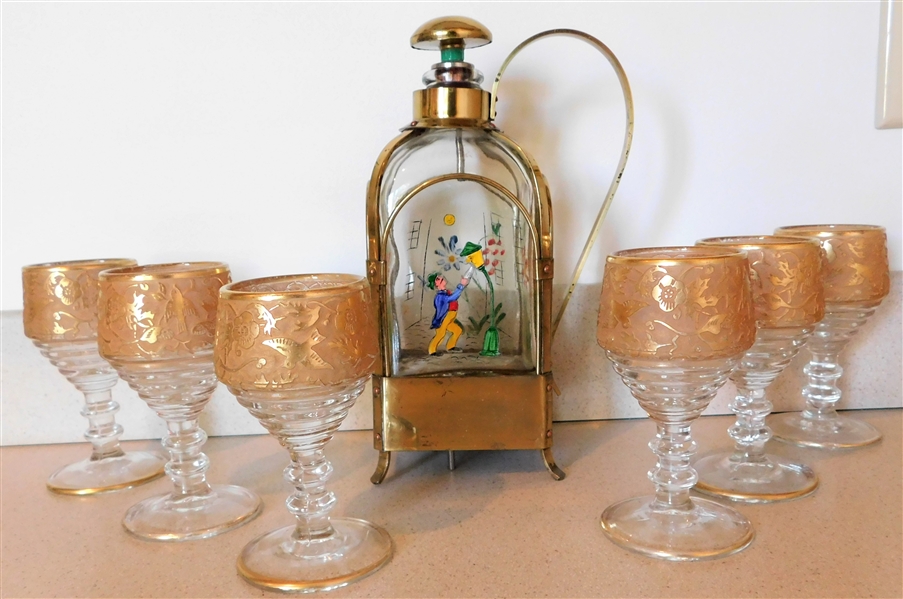 Hand Painted Music Box Cocktail Decanter and 6 Gold Gilt Cordials with Birds and Flowers - Decanter is 8 1/2" tall - Music Box Does Not Play