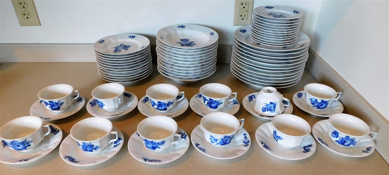 72 Pieces of Royal Copenhagen "Blue Flowers" China including Dinner, Salad, and Bread Plates, Soup Bowls, and Cup and Saucer Sets - 1 Cup is Chipped