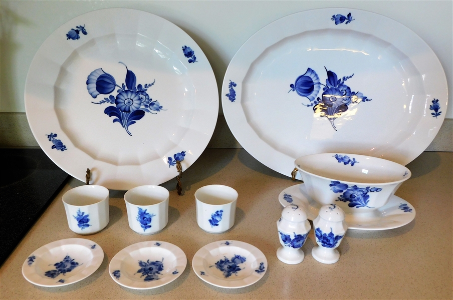 11 Pieces of Royal Copenhagen "Blue Flowers" including 16" Oval Platter, 12 3/4" Round Platter, Salt Shakers, and Others