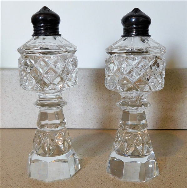 Pair of Crystal Salt and Pepper Shakers with Sterling Caps - 5 1/2" tall 